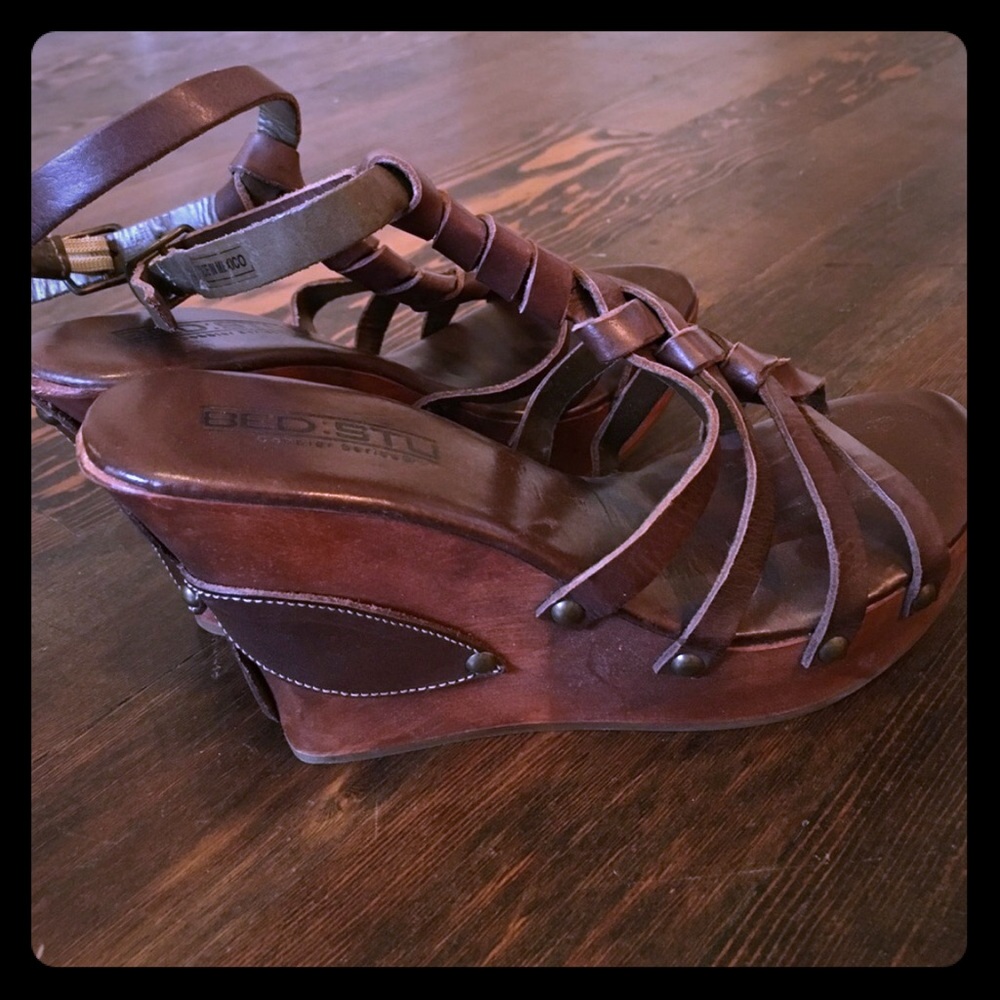 Bed Stu brown leather wedge sandal. Size 8.5
